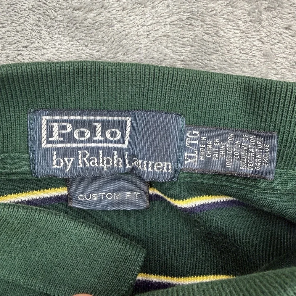 Vintage Ralph Lauren Custom Fit Polo Shirt Green Striped Short Sleeve Size XL